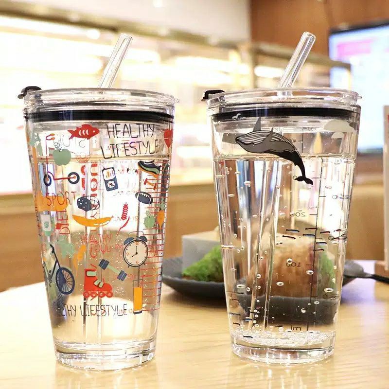 Tumbler Gelas Kaca Aesthetic + Straw Sedotan