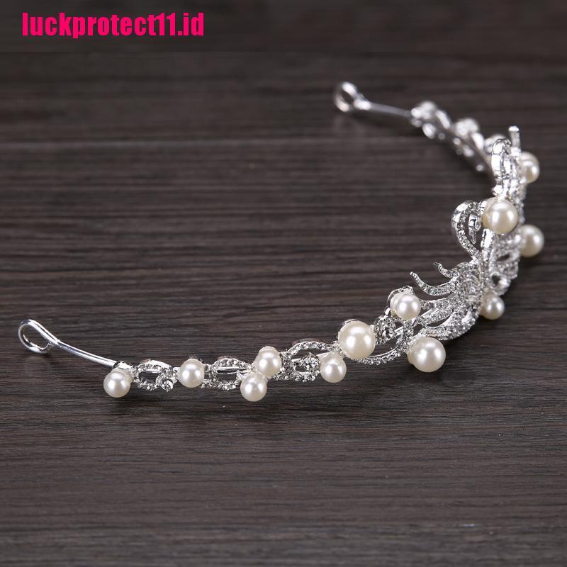(LUCK) Mahkota / Tiara Wanita Desain Angsa Hias Mutiara + Berlian Imitasi Untuk Pernikahan / Pesta