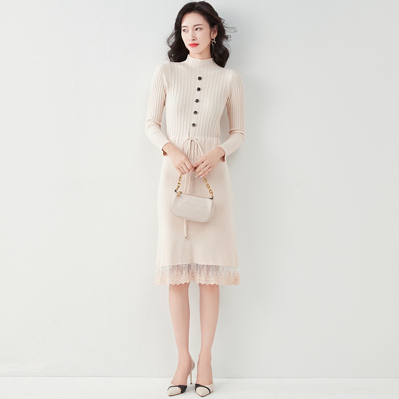 【Elegant】Solid Color Sweater Crew Neck Knitted  Dress 7022