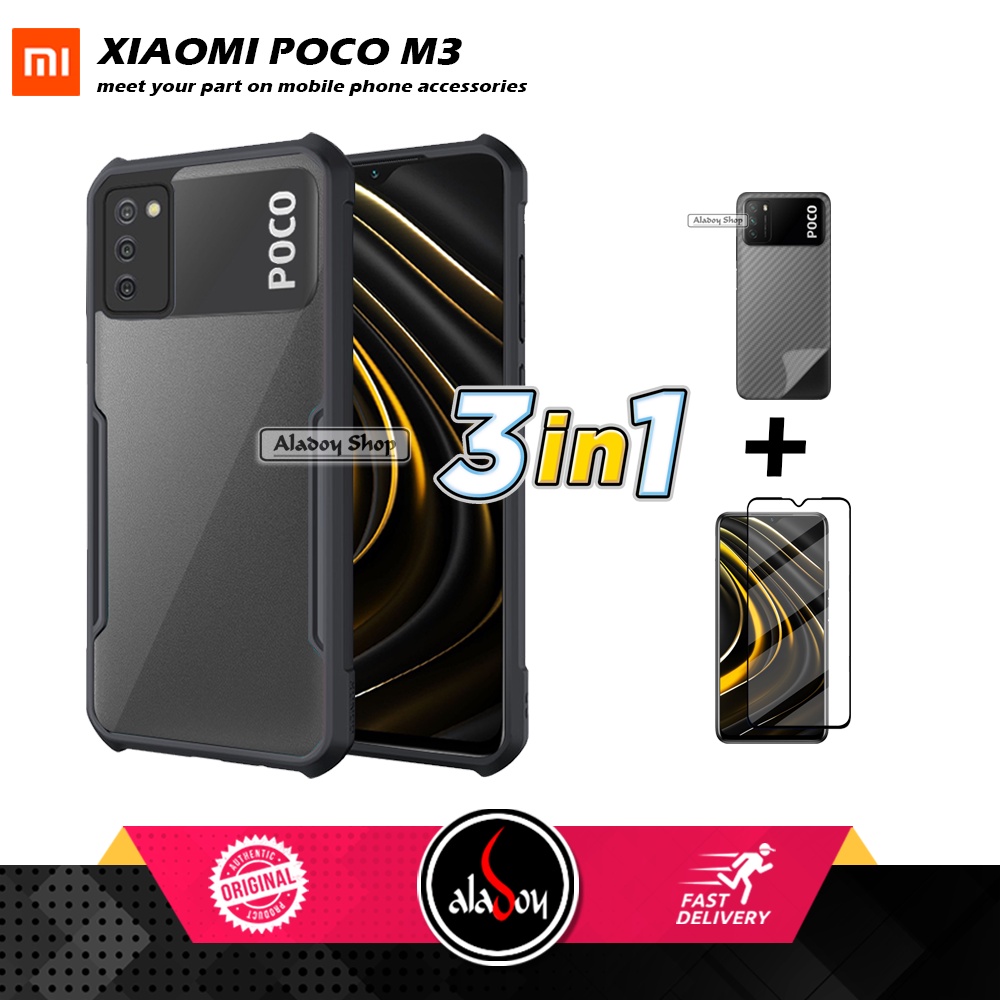 Case XIAOMI POCO M3 Armor Fushion Transparent Casing + Tempered Glass Full Layar dan Skin Carbon