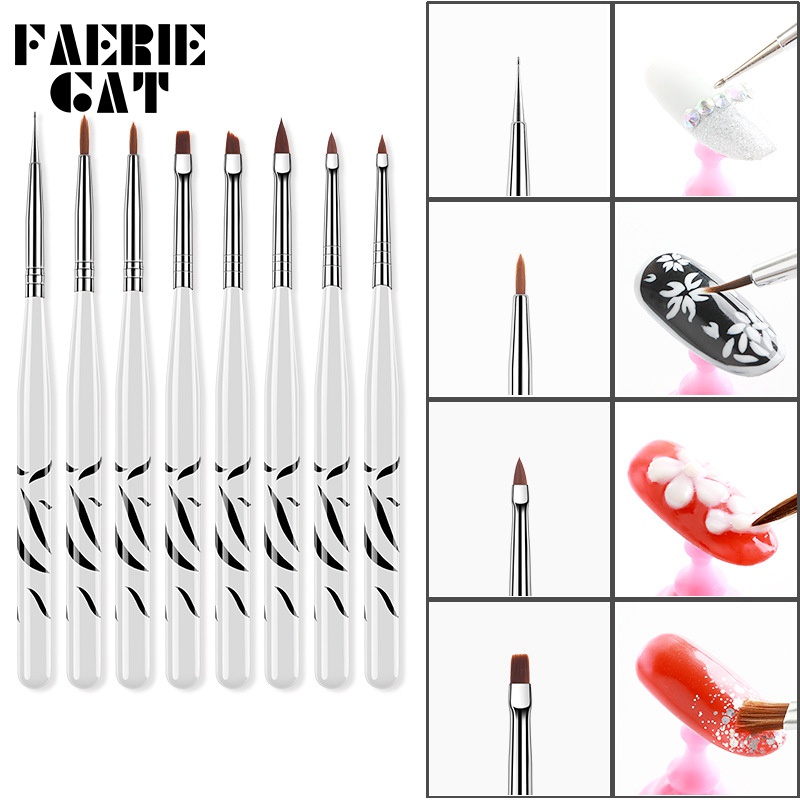 8Pcs Profesional Zebra Kuku Pena UV Gel Polandia Liner Sikat Pena Akrilik Bahasa Perancis Kuas Set Dotting Menggambar Lukisan Alat Salon