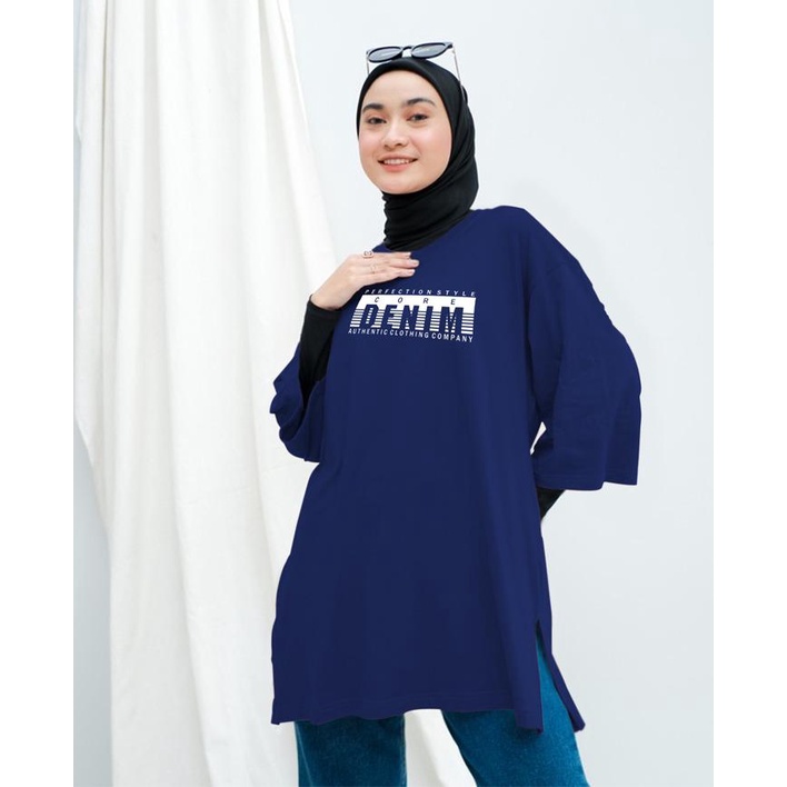 KAOS OVERSIZE TOP HIJAB WANITA BASIC DENIM / OVERSIZE SLIT BLOUSE