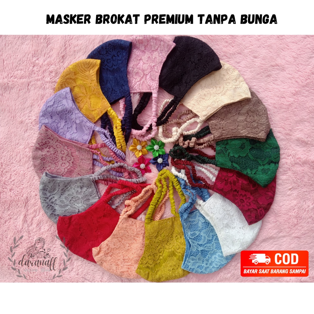 masker brokat, headlop/hijab 3ply, masker brokat tanpa bunga, masker mewah, masker pesta