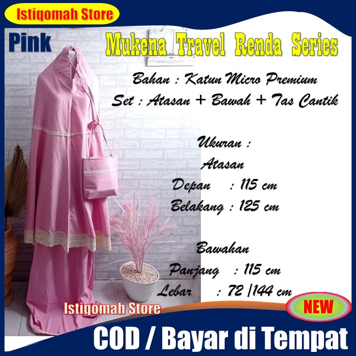 Mukena Travel Renda Series Warna Pink Bahan Katun Micro Premium Set Atasan + Bawah + Tas Cantik