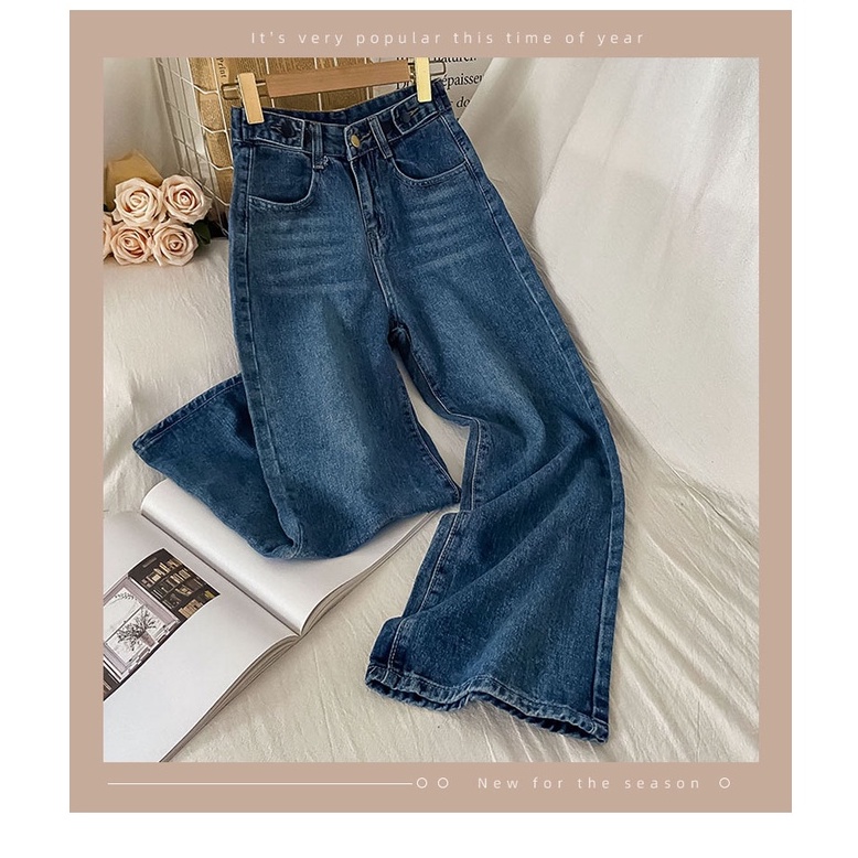 korean style biru laut vintage loose straight high waist celana jeans wanita(gambar fisik)