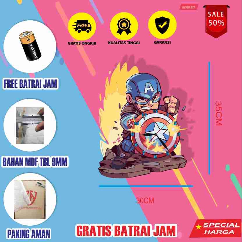 JAM DINDING KARAKTER CAPTAIN AMERICA UNIK BESAR KAYU VINTAGE SOUVENIR JAM CAFE HADIAH KADO ULANG TAHUN Kevinart