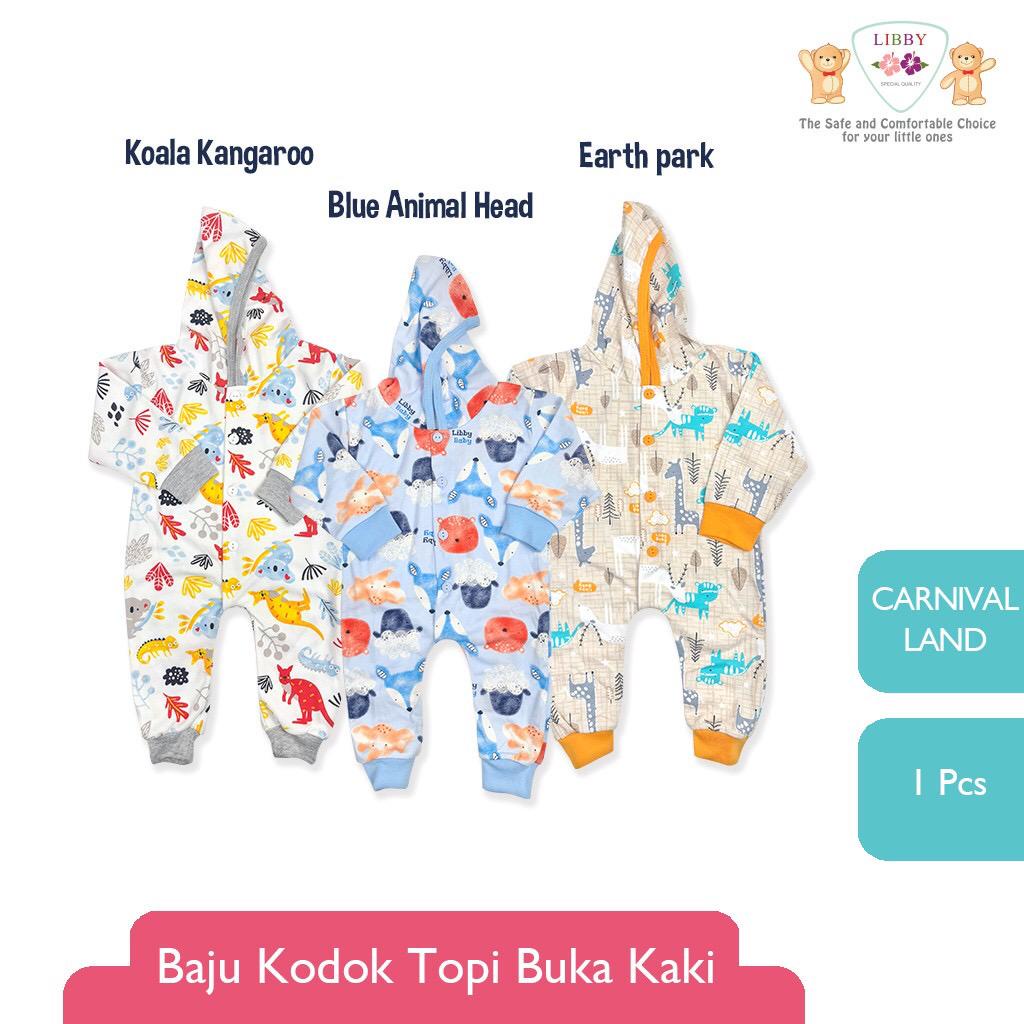 LIBBY Baju Kodok Panjang Topi Buka Kaki / Jumpsuit Baby Motif (0-3M)