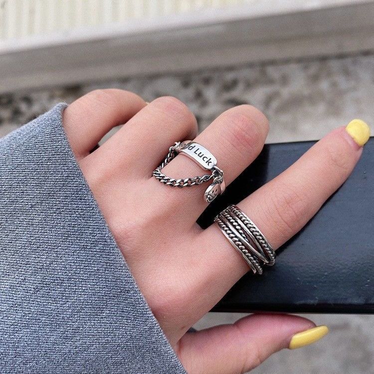 2 Pcs Unisex Vintage Ancient Silver Color Happy Smiling Face Open Rings for Women Hip Hop Good Luck Letter Adjustable Ring Jewelry