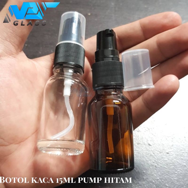 botol kaca 15ml pump treatment / botol kaca 15ml amber pump hitam