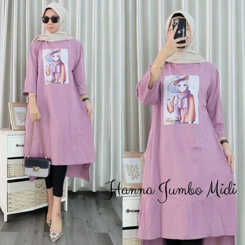 Hanna midi/baju midi wanita muslimah terlaris bahan combed 24s aplikasi sablon