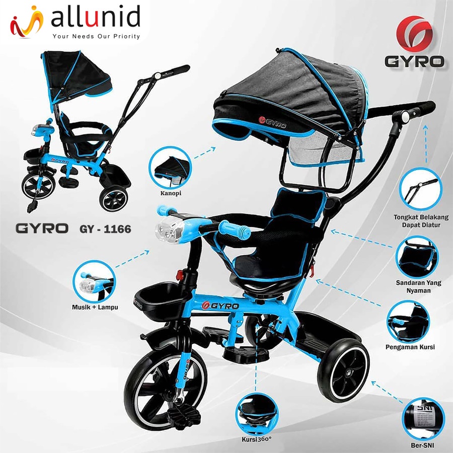 Sepeda Anak Roda Tiga Stroler Anak GYRO 1166 ST GY1166 Stroller Dapat Di Putar Garansi SNI-3