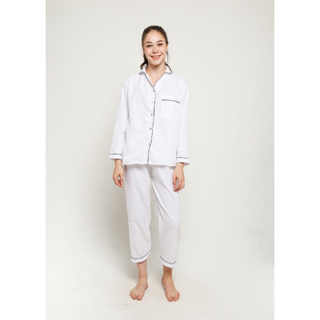 FortKlass Piyama Satin Embos Sleepwear Stelan Baju Tidur Lengan Panjang Celana Panjang-PUTIH