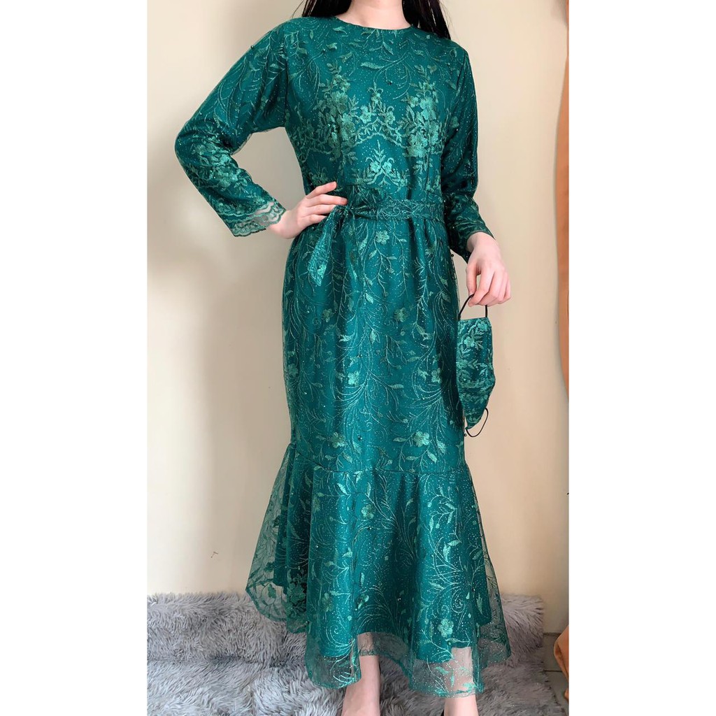 Ken-237 Busana Gamis Long Dress kondangan Muslim Hijab Wanita Dress Pesta Korean Look Model Duyung Premium Full Tulle High Quality-Hijau Botol