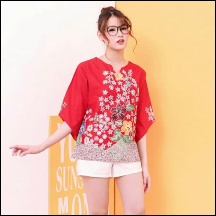 Chicory Top - Atasan Batik Blouse Batik Modern Wanita Cheongsam Premiu - Merah