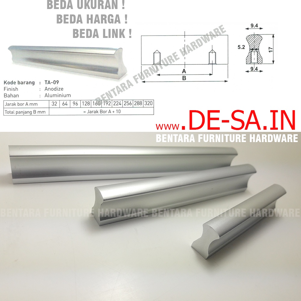 HUBEN TA-09 32 MM TARIKAN LACI MEJA LEMARI KABINET GAGANG PINTU HANDLE ALUMINIUM ANODIZE ( SEKITAR 3 - 4 - 5 CM )