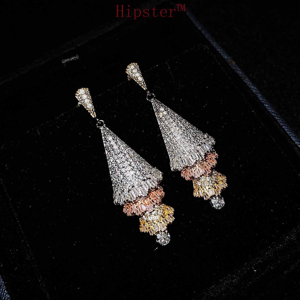 Hot Sale Design Luxury Micro Inlaid Zircon Three-Color Three-Dimensional Skirt Earrings