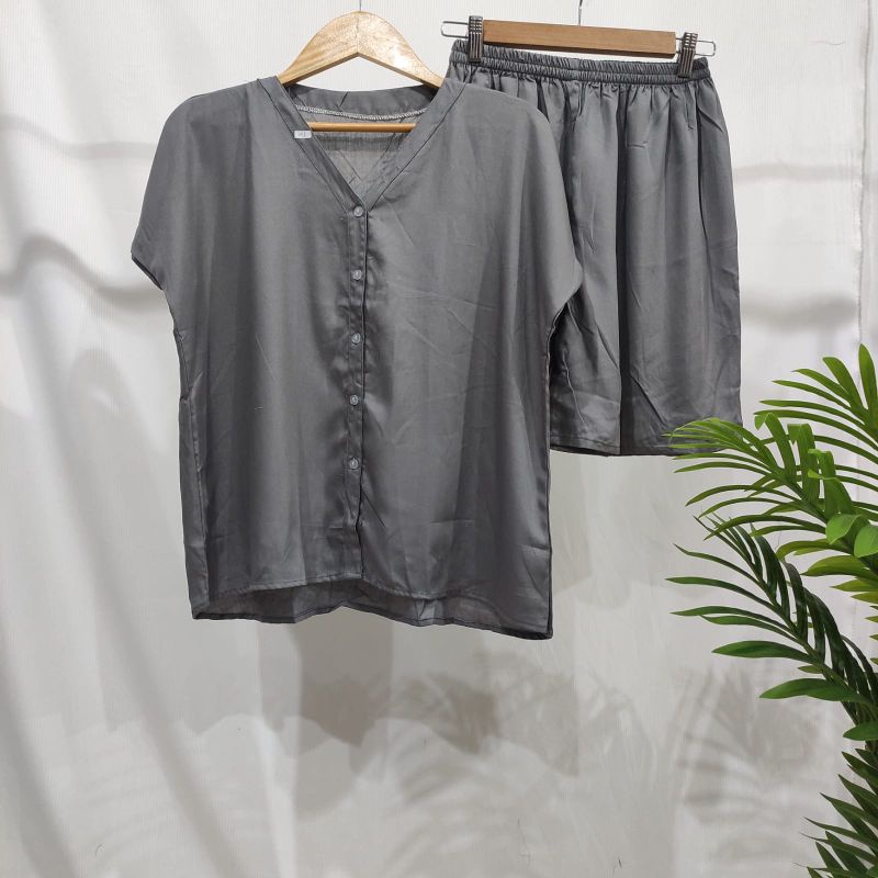 PIYAMA KANCING PENDEK | PIYAMA RAYON | BAJU TIDUR RAYON-VN ABU