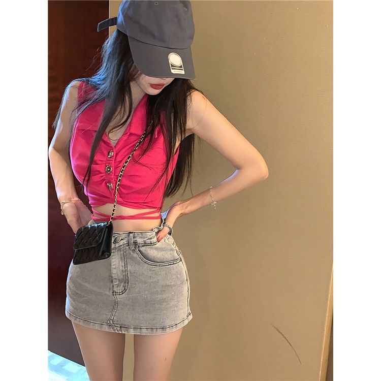 Suhao Tanktop mawar merah tanpa lengan kamisol wanita musim panas manis gadis panas murni keinginan pendek seksi bottoming inner top dan outer wear