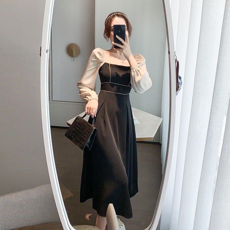 Dress wanita gaun korea hitam nude dress hitam lengan panjang hijab frendly retro midi dress