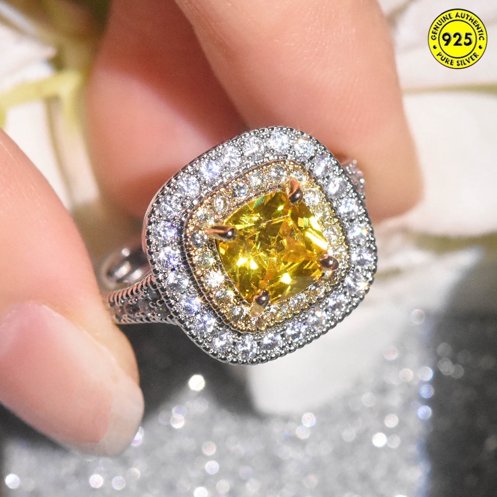 Cincin Berlian Kuning Bentuk Kotak Bahan S925 Silver