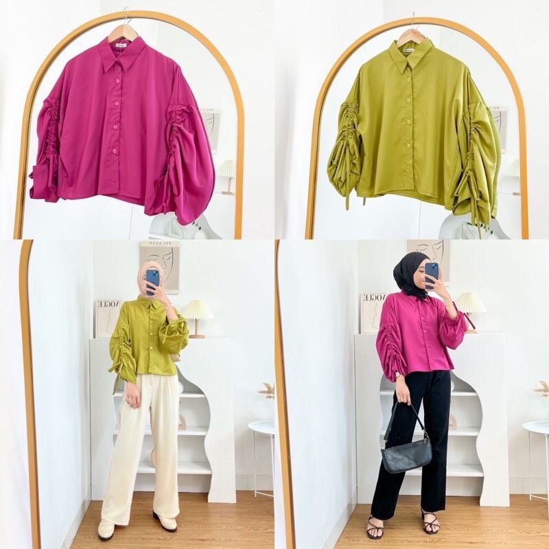 Lora Blouse Atasan Kemeja Lengan Serut Oversize Wanita Semi Crop