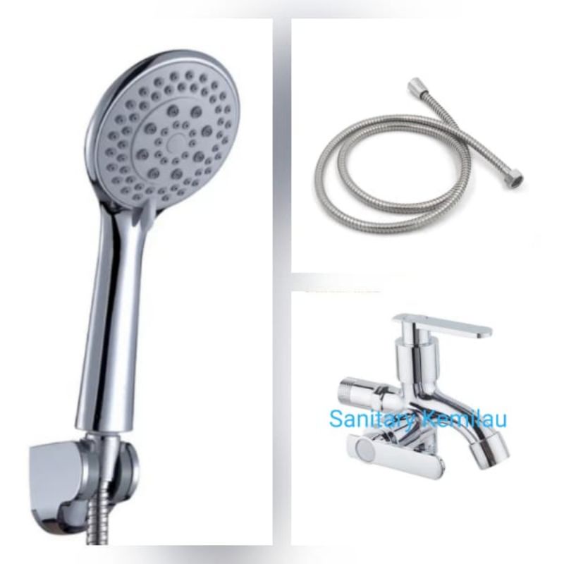 Paket Hand Shower Mandi + Keran Cabang Double Selang 2 meter - Shower Mandi Set