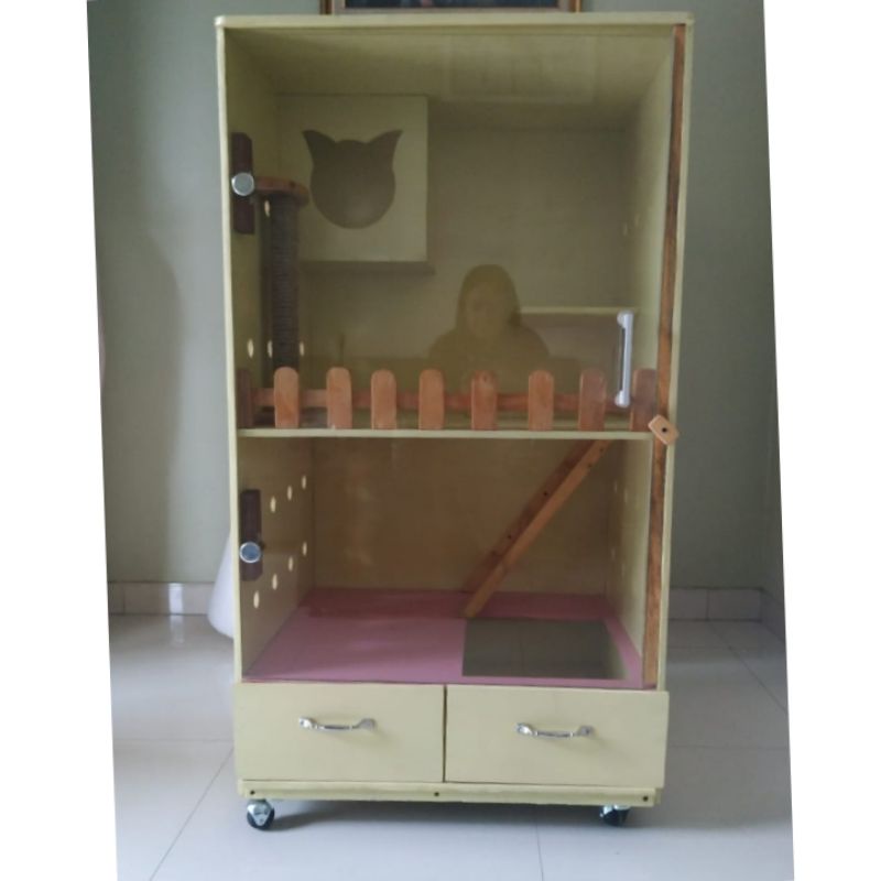 kandang kucing bahan kayu bisa custom pintu kaca akrilik mewah