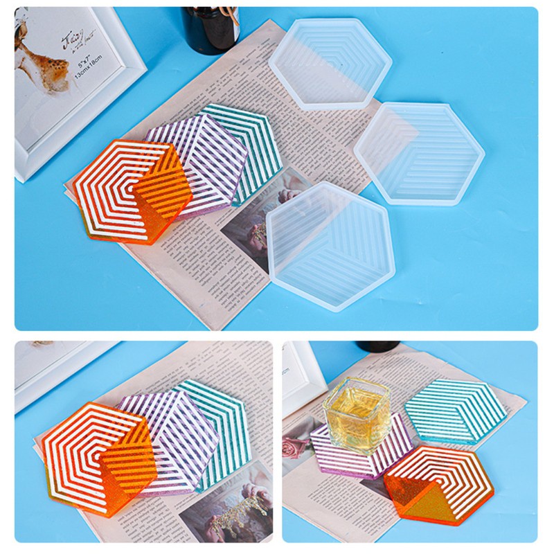 Glitter DIY Geometric Stripes Coaster Epoxy Resin Mold Cup Mat Casting Silicone Mould