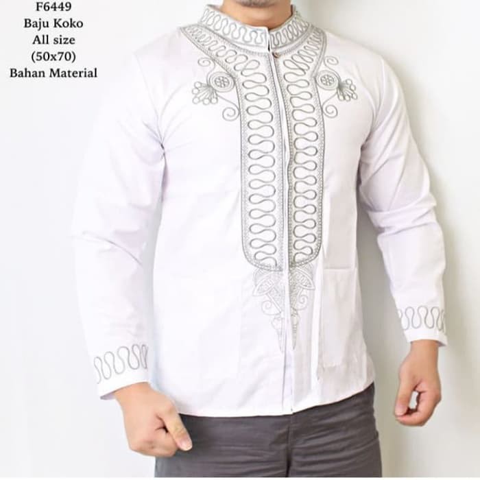 TERMURAH     Kemeja Koko Pria Lengan Panjang | Kemeja Putih motif Muslim Koko  / F6