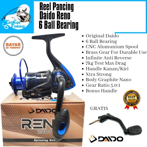 Reel Pancing Daido Reno 1000 - 6000 Spool Alumunium (6 Bearing) Gratis Handle Murah - Engkus Fishing