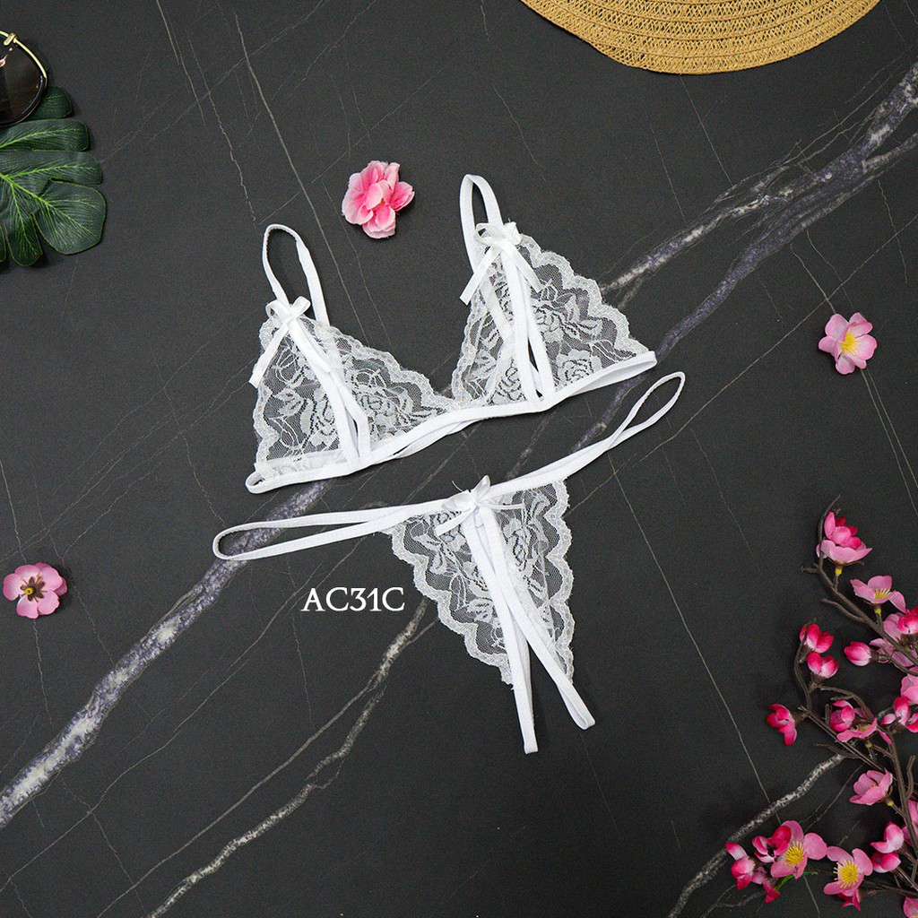 [TOKO TERPERCAYA] BRA CD G STRING LACE UNDERWEAR WANITA + STOCKING SEXY PUTIH AC31C