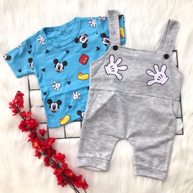 Baju setelan kaos suspander 6-15 bln motif mickey lucu bestseller anak bayi cowok laki murah -mic