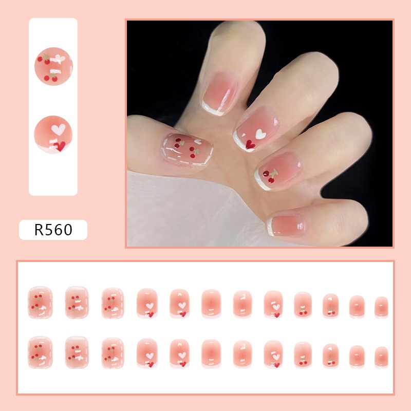 24pcs / Kotak Kuku Palsu Motif Hati / Cherry Lucu R560