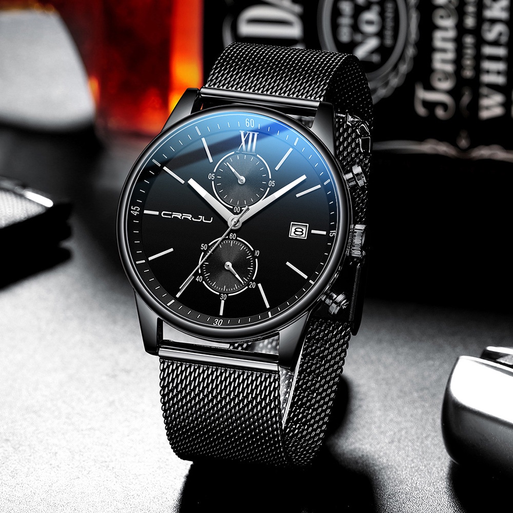 Jam Tangan Pria CRRJU Top Brand Stainless Steel Tahan Air Men Watch Militer Menyelam Kuarsa WristWatch Chronograph