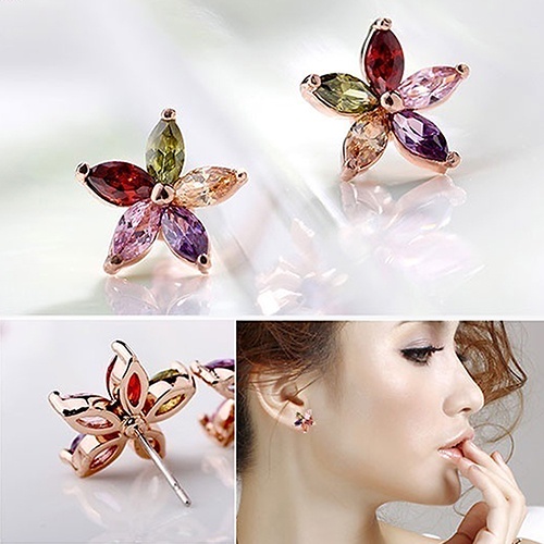 Hu Hu Hu Hu Hu Alat Bantu Pasang Kacamata♡ Anting Tusuk Bentuk Bunga Aksen Zircon Warna-Warni Untuk Wanita