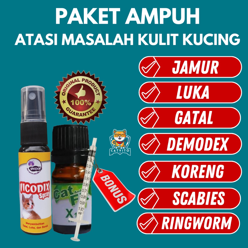 PAKET Obat Gatal Jamur Kucing Luka Borok Koreng Vicodix Cat and Fit X1 Akibat Jamur dan Luka Berkelahi Nanah Berdarah