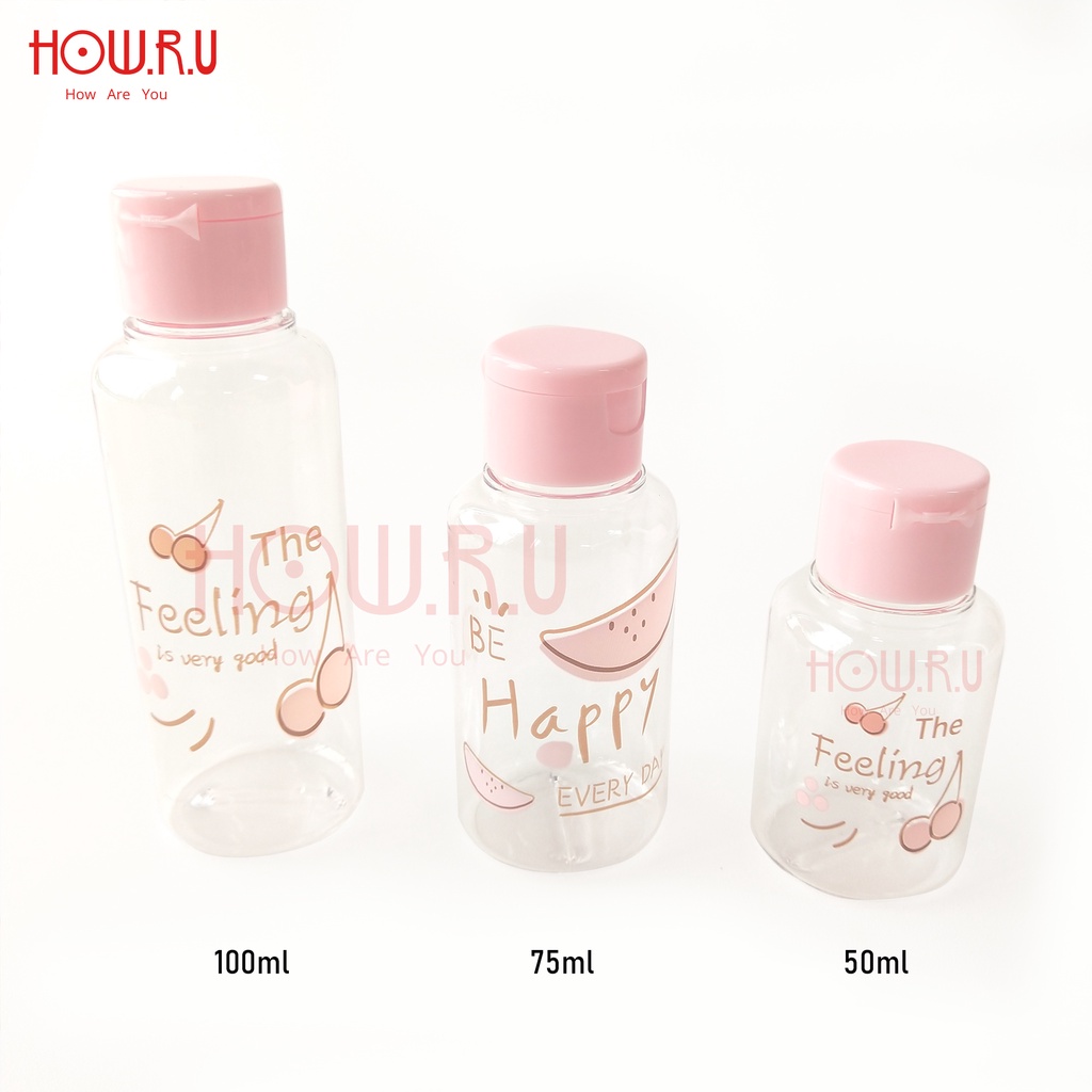 HOW.R.U | 50 / 75 / 100ml - Botol Flip Top Kosong Motif Karakter Lucu / PET / Tebal / Import / Tempat Disinfektan / Lotion / Cream