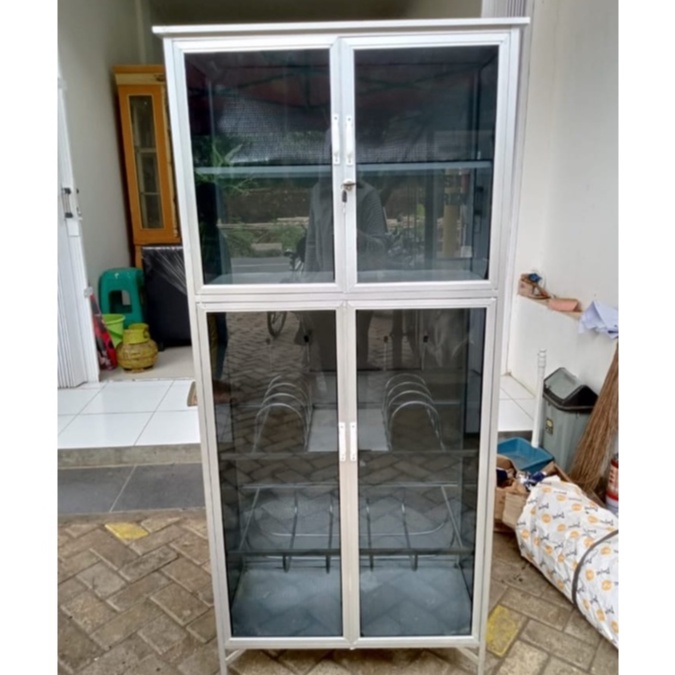 RAK PIRING KACA ALUMINIUM 2 PINTU LEMARI PERLENGKAPAN DAPUR
