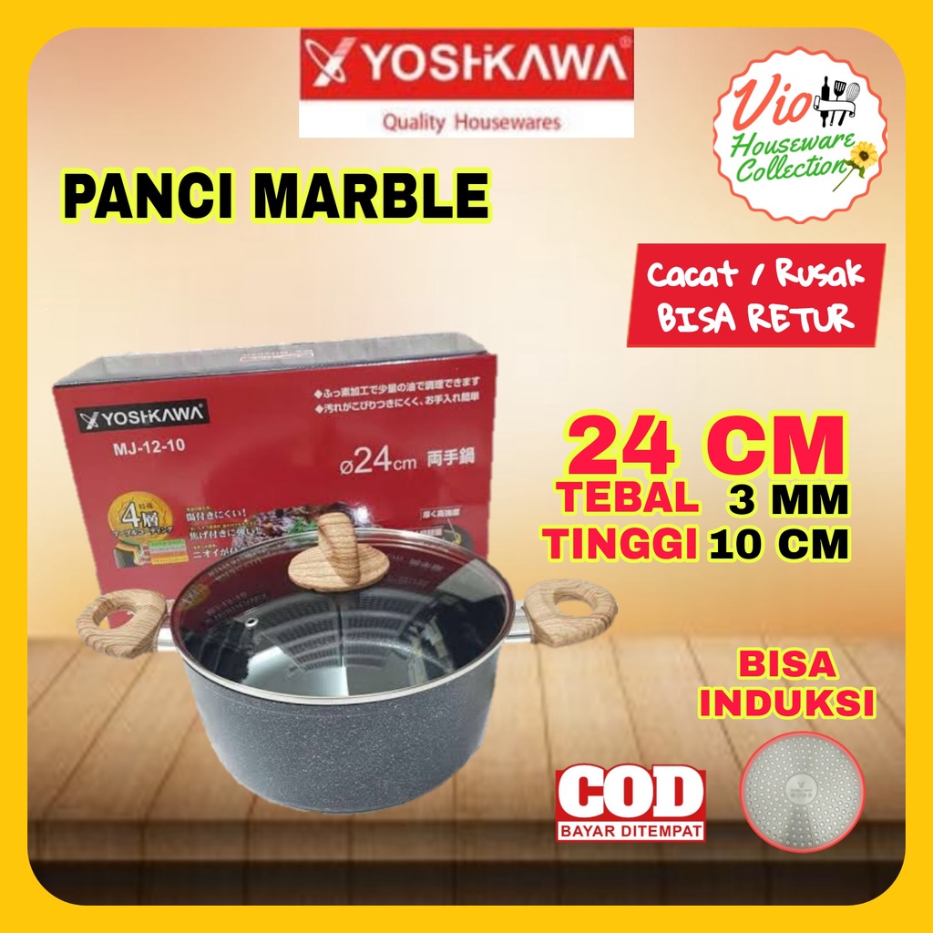 Yoshikawa Panci Serbaguna Keramik Marble Anti Lengket Tutup Kaca 24cm MJ1210 Dutch Oven