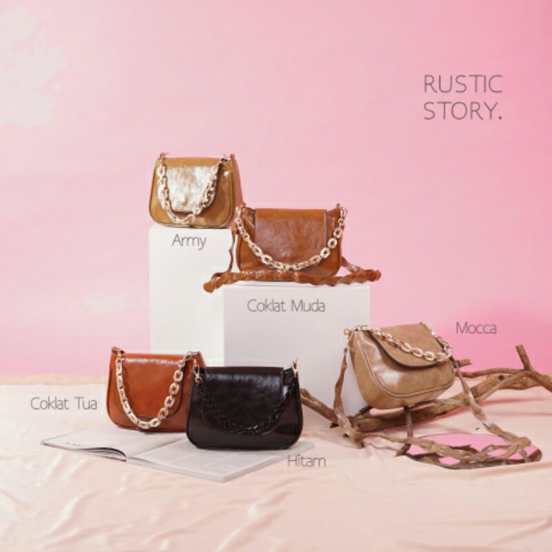 Tas wanita slempang jinjing rustic story tali pendek rantai
