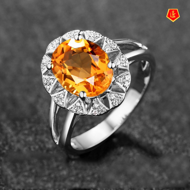 [Ready Stock]Simple Personality Full Diamond Inlaid Citrine Ring