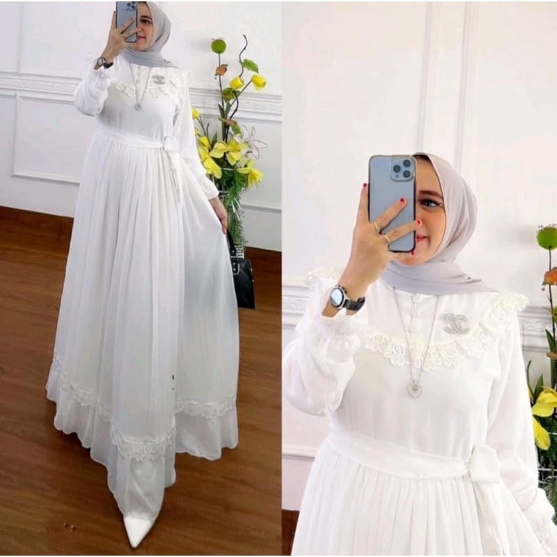 Gamis Terbaru 2022 Ceruty Babydoll Aksen Renda Baju Kondangan Wanita Gamis Pesta Mewah Elegan Long Dress Muslim Naraya Dress