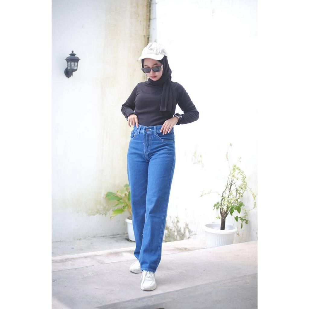 Celana Jeans Highwaist Loose Medium Blue Biru Kulot