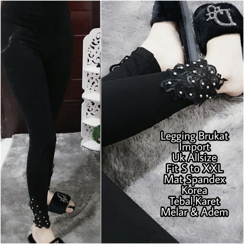 ☄️COD☄️ Legging Wanita Premium Import Kekinian Brukat+Mutiara / Celana Legging Hw Wanita