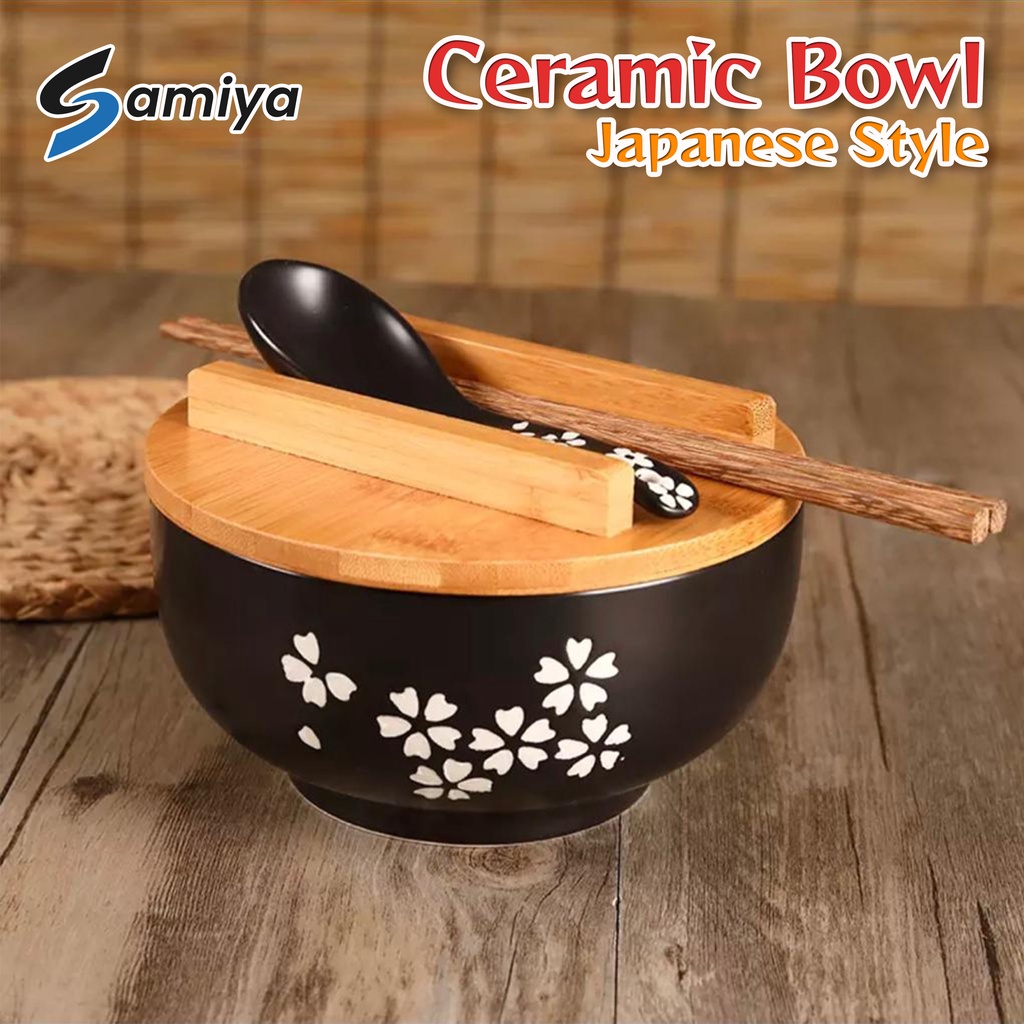 japanese ramen bowl set / mangkok mie  bakmi free sendok sumpit tutup kayu / korean soup bowl noodle