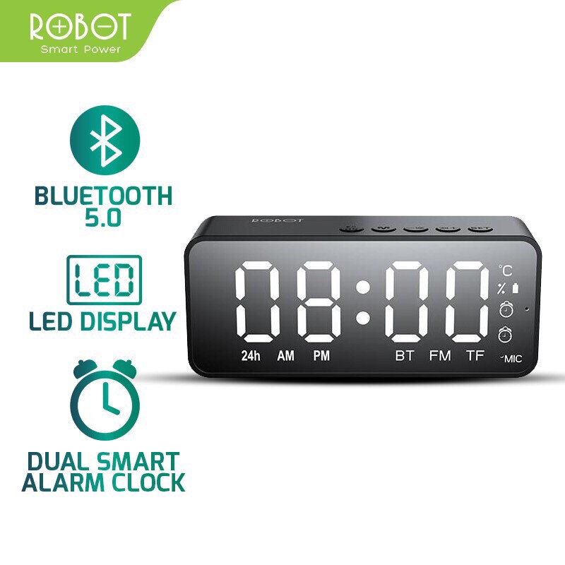 Speaker Bluetooth Robot RB150 Portable Wireless Bass Mini Stereo - LED Display Alarm With FM Radio - Garansi 1 Tahun-Black