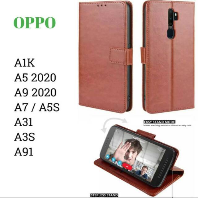 Leather Flip Cover OPPO A1K A5 A9 A7 A31 A5S A3S A91 F15 Sarung Casing Kulit Dompet Wallet Case