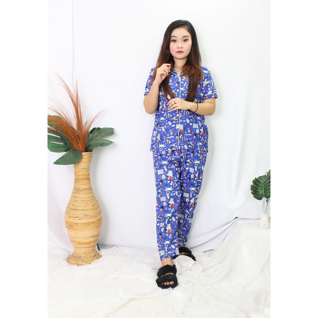 OKHISHOP - CP1 Piyama Pajamas CP Baju Tidur Piyama Wanita Dewasa Setelan CP Motif Trendy Karakter Kotak Guilen-CP Eifel Navy