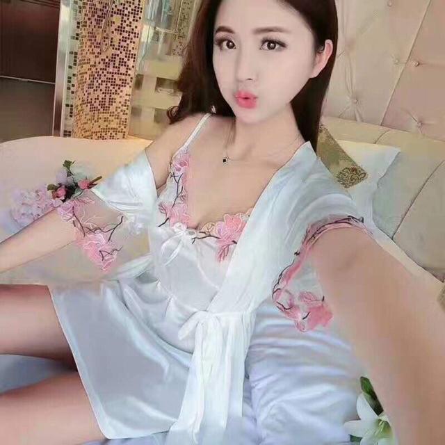 Kimono Baju Tidur Wanita Deep Flower Katun Satin Hantaran Nikah-F - putih