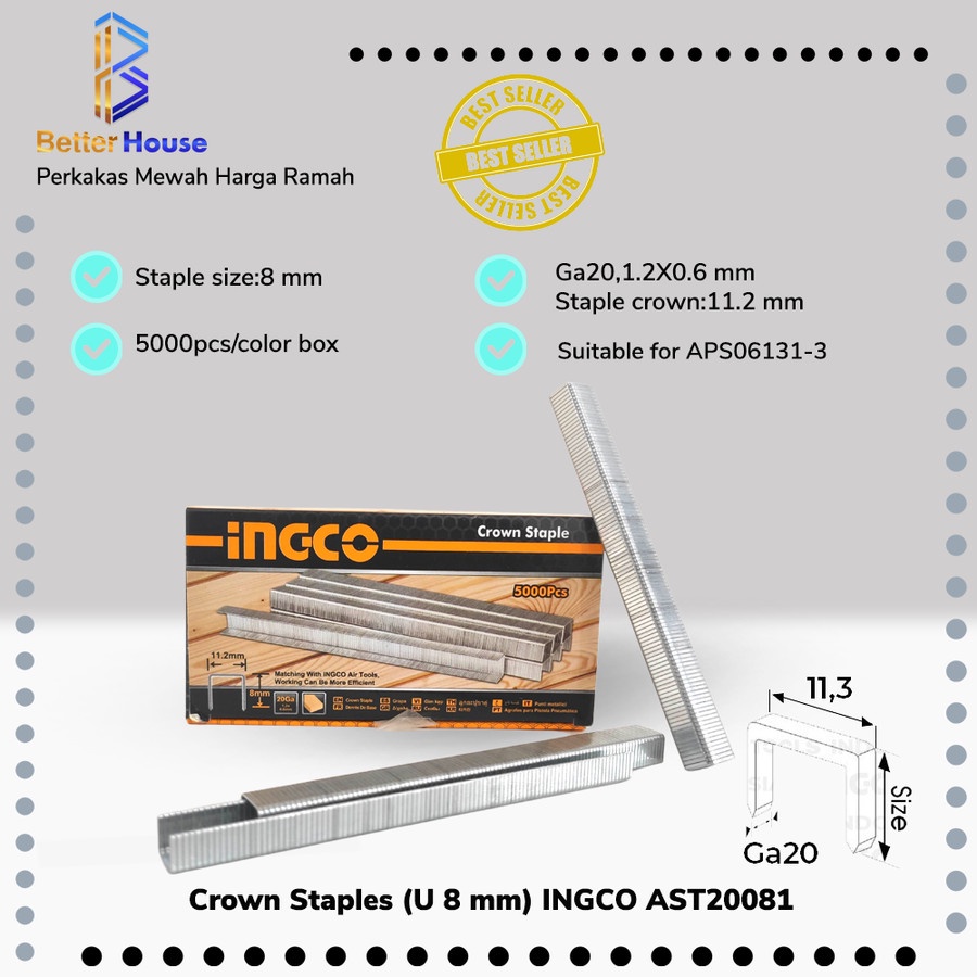

Crown Staples (U 8 mm) INGCO AST20081 - Refill Isi Steples Tembak U8
